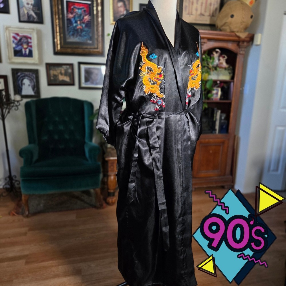 Vintage 90s Hong Yan Black Satin Dragon Embroidered Kimono Robe Long Belted